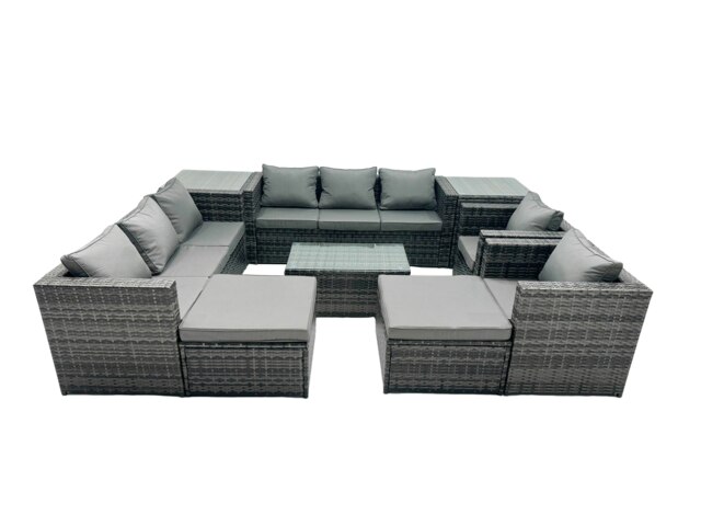 Rackhams Rattan Garden Furniture Dining Set 10 seater Patio Coffee Table Sofa Set with 2 Big Stools 2 Side Tables Dark Grey Mixed - image 1
