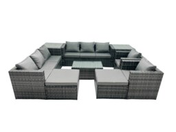 Rackhams Rattan Garden Furniture Dining Set 10 seater Patio Coffee Table Sofa Set with 2 Big Stools 2 Side Tables Dark Grey Mixed - thumbnail 1