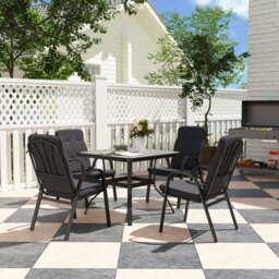 Rackhams Garden Dining Set, Glass Table w/ Umbrella Hole Beige - Black - Steel, Texteline, Polyester - 88cmx88cmx71cm