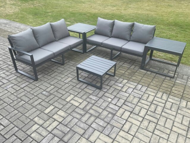Rackhams Aluminium 5 Pieces Garden Furniture Sofa Set with Cushions 6 Seater Outdoor Patio Set with Square Coffee Table 2 Side Tables Dark Grey - image 1