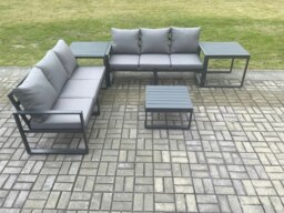 Rackhams Aluminium 5 Pieces Garden Furniture Sofa Set with Cushions 6 Seater Outdoor Patio Set with Square Coffee Table 2 Side Tables Dark Grey - thumbnail 2