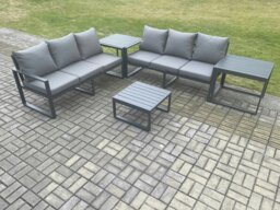 Rackhams Aluminium 5 Pieces Garden Furniture Sofa Set with Cushions 6 Seater Outdoor Patio Set with Square Coffee Table 2 Side Tables Dark Grey - thumbnail 1