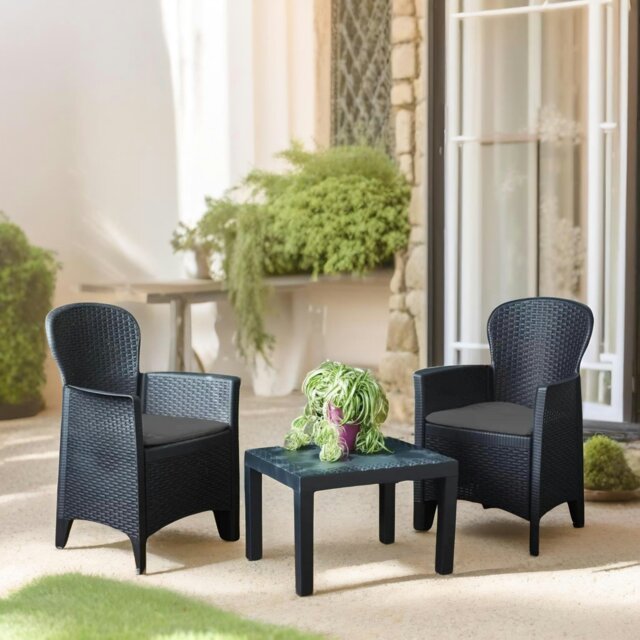Rackhams Set of 3 Polyrattan Garden Bistro Furniture Set Grey - image 1