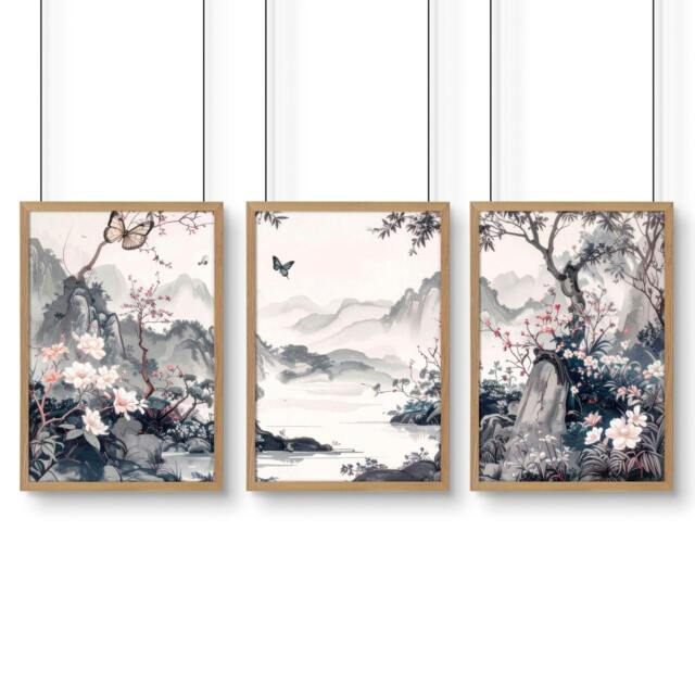 Rackhams Picture Walls Living Room - Set of 3 Chinoiserie Wall art Prints - A2 16.54 x 23.39 in / 42 x 59.4 cm - Satin Photo paper 280 gsm - Oak Frame - image 1