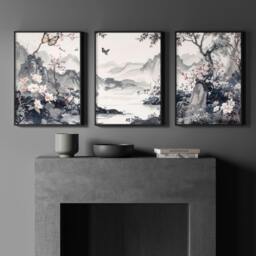 Rackhams Picture Walls Living Room - Set of 3 Chinoiserie Wall art Prints - A2 16.54 x 23.39 in / 42 x 59.4 cm - Satin Photo paper 280 gsm - Oak Frame - thumbnail 6
