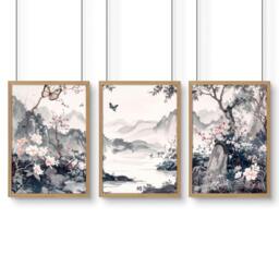 Rackhams Picture Walls Living Room - Set of 3 Chinoiserie Wall art Prints - A2 16.54 x 23.39 in / 42 x 59.4 cm - Satin Photo paper 280 gsm - Oak Frame
