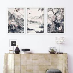 Rackhams Picture Walls Living Room - Set of 3 Chinoiserie Wall art Prints - A2 16.54 x 23.39 in / 42 x 59.4 cm - Satin Photo paper 280 gsm - Oak Frame - thumbnail 5