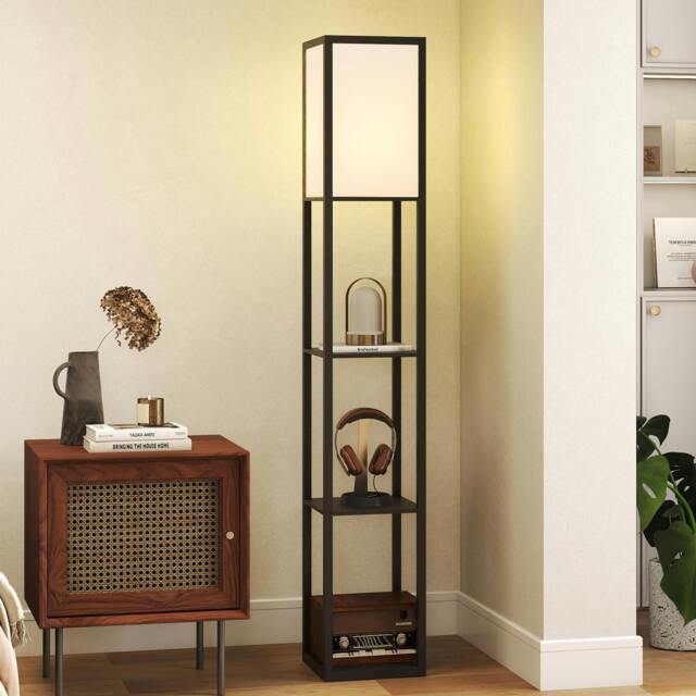Rackhams Floor Lamp with 3-Tier Storage Shelf for Home Office - Black - Bulb not included - MDF, Acrylic - image 1