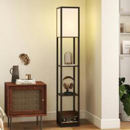 Rackhams Floor Lamp with 3-Tier Storage Shelf for Home Office - Black - Bulb not included - MDF, Acrylic - thumbnail 1