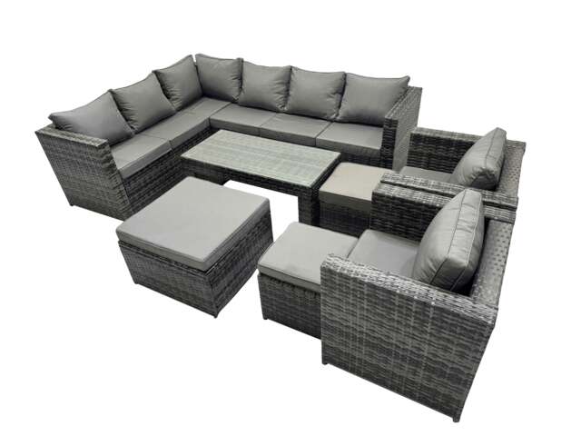 Rackhams 8 Pieces Outdoor PE Rattan Garden Furniture Corner Sofa Oblong Coffee Table Set with Cushions 3 Footstools Dark Grey Mixed - image 1