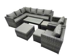 Rackhams 8 Pieces Outdoor PE Rattan Garden Furniture Corner Sofa Oblong Coffee Table Set with Cushions 3 Footstools Dark Grey Mixed - thumbnail 1