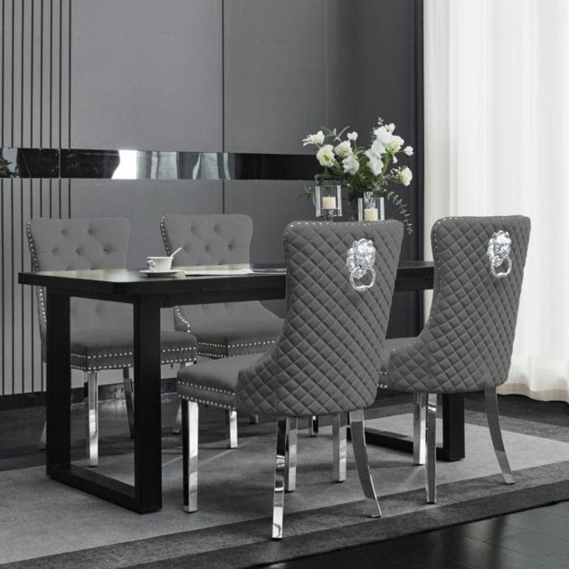 Rackhams Set Of 2 Plush Velvet Dining Chairs with Lion Head Knocker - Grey - 2 - image 1