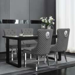 Rackhams Set Of 2 Plush Velvet Dining Chairs with Lion Head Knocker - Grey - 2 - thumbnail 2