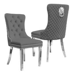 Rackhams Set Of 2 Plush Velvet Dining Chairs with Lion Head Knocker - Grey - 2 - thumbnail 3