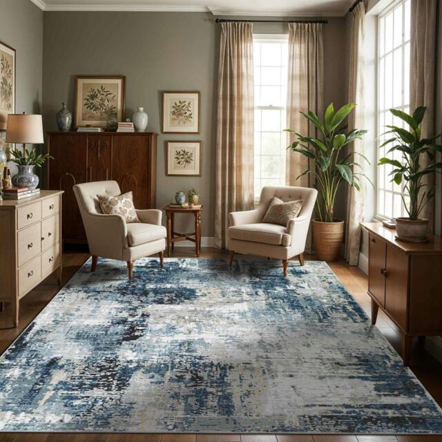 Rackhams Jolie-Abstract Blue Grey Beige Black Modern Marble Rug - 160 x 220 cm - image 1