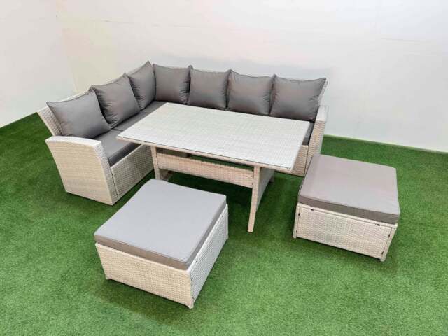 Rackhams 8 Seater Rattan Garden Furniture Set Outdoor Patio Dining Corner Sofa Sets with Dining Table 2 Big Footstools Light Grey Mixed - image 1