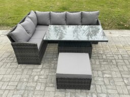 Rackhams 7 Seater Rattan Garden Furniture Sets High Back Corner Sofa Height Adjustable Rising Lifting Table Set with Big Footstool Dark Grey Mixed - thumbnail 2