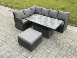 Rackhams 7 Seater Rattan Garden Furniture Sets High Back Corner Sofa Height Adjustable Rising Lifting Table Set with Big Footstool Dark Grey Mixed - thumbnail 1