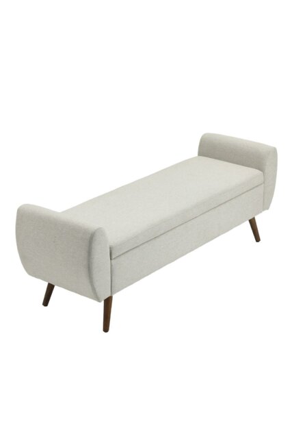Rackhams 2-Seat Linen Upholstered Storage Bench with Side Arms and Walnut Colored Legs - Beige