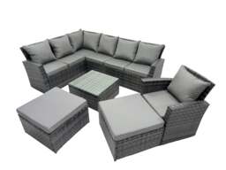 Rackhams 9 Seat Poly Rattan Outdoor Patio Coffee Table Corner Sofa Set with 2 Big Stool Chair for Garden Backyard Dark Grey Mixed - thumbnail 2