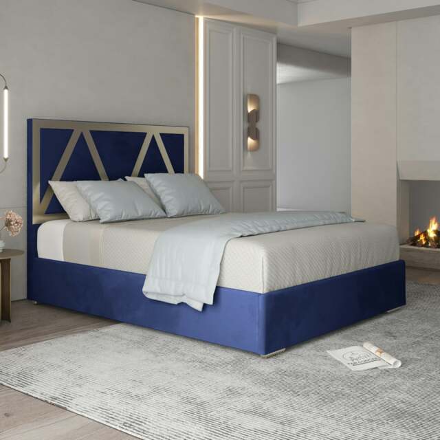 Rackhams Alison Upholstered Soft Velvet Metal Bed Frame - Blue - Blue - Super king - image 1