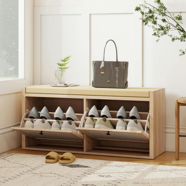 Rackhams Rattan Shoe Bench with Padded Cushion and 2 Cabinets, Oak - image 1