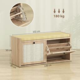 Rackhams Rattan Shoe Bench with Padded Cushion and 2 Cabinets, Oak - thumbnail 3