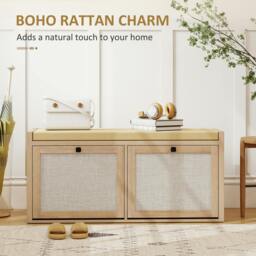 Rackhams Rattan Shoe Bench with Padded Cushion and 2 Cabinets, Oak - thumbnail 4