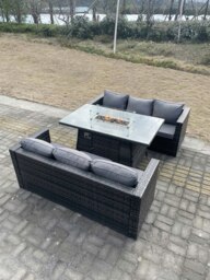 Rackhams Rattan Outdoor Garden Furniture Set with 2 Sofas & Gas Fire Pit Dining Table - 6 Seater - Dark Grey - thumbnail 3