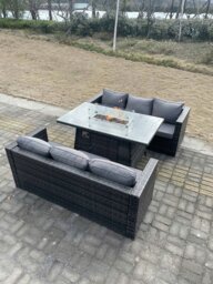 Rackhams Rattan Outdoor Garden Furniture Set with 2 Sofas & Gas Fire Pit Dining Table - 6 Seater - Dark Grey - thumbnail 1