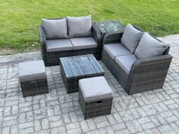 Rackhams Rattan Sofa Set Outdoor Garden Furniture Set with Square Coffee Table Loveseat Sofa 2 Small Footstool Side Table Dark Grey Mixed - thumbnail 2