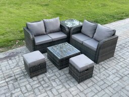 Rackhams Rattan Sofa Set Outdoor Garden Furniture Set with Square Coffee Table Loveseat Sofa 2 Small Footstool Side Table Dark Grey Mixed - thumbnail 1