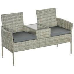 Rackhams Rattan Garden Bench w/ Glass Tea Table, Wicker Chair w/ Cushions Grey - 137W x 59D x 82H cm - Grey - thumbnail 2