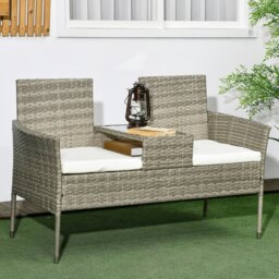Rackhams Rattan Garden Bench w/ Glass Tea Table, Wicker Chair w/ Cushions Grey - 137W x 59D x 82H cm - Grey