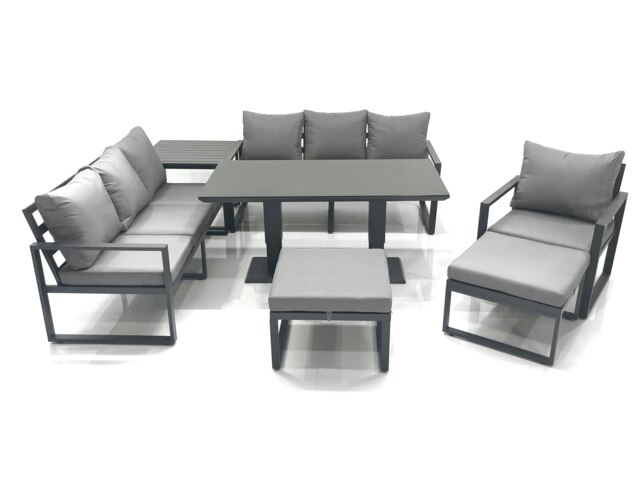 Rackhams Outdoor Garden Furniture Set Aluminium Lounge Sofa Adjustable Rising Lifting Dining Table Sets with 2 Big Footstools Side Table Dark Grey - image 1