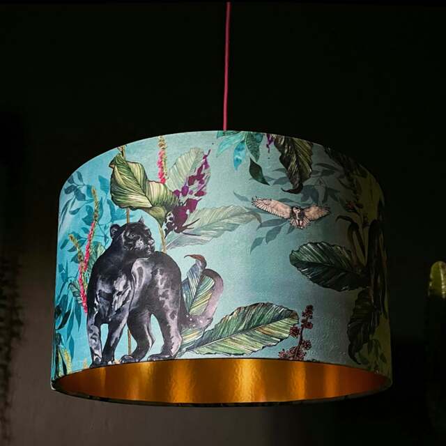 "Rackhams Handmade Velvet Lampshade with Gold Lining in Lithium - Ceiling Pendant / Arc Lamp - 35cm diameter x 25cm Height (14"" x 10"")" - image 1