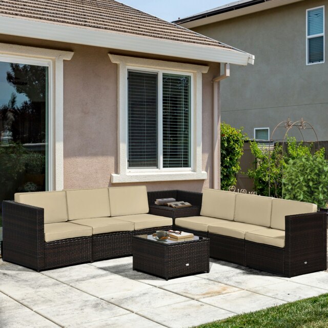 Rackhams 8Pcs Patio Rattan Sofa Set Garden Furniture Side Table - Dark brown - Steel, PE rattan, Polyester - 58cm x 58cm x 37cm - image 1