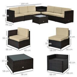 Rackhams 8Pcs Patio Rattan Sofa Set Garden Furniture Side Table - Dark brown - Steel, PE rattan, Polyester - 58cm x 58cm x 37cm - thumbnail 5