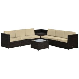 Rackhams 8Pcs Patio Rattan Sofa Set Garden Furniture Side Table - Dark brown - Steel, PE rattan, Polyester - 58cm x 58cm x 37cm - thumbnail 2