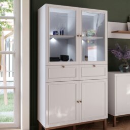 Rackhams Wensley Display Cabinet with 2 Doors 2 Drawers and 2 Glass Doors in Light Grey and Oak inc LED Lighting - Full Assembly Required - Light Grey  & Oak - Matt - thumbnail 5