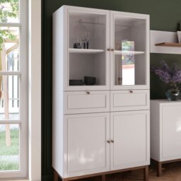 Rackhams Wensley Display Cabinet with 2 Doors 2 Drawers and 2 Glass Doors in Light Grey and Oak inc LED Lighting - Full Assembly Required - Light Grey  & Oak - Matt - thumbnail 6