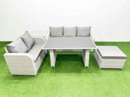 Rackhams Garden Furniture Set PE Ratten Garden Sofa Set with Rectangular Dining Table Big Stool Side Table Light Grey