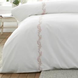 Rackhams Camille Embroidered Floral 200 Thread Count Cotton Duvet Cover Set White / Pink - Single - White / Pink - thumbnail 4