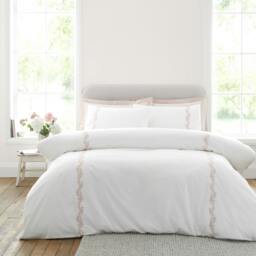 Rackhams Camille Embroidered Floral 200 Thread Count Cotton Duvet Cover Set White / Pink - Single - White / Pink - thumbnail 1