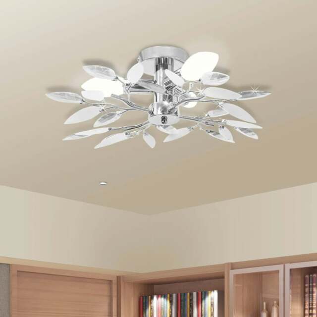 Rackhams Ceiling Lamp White & Transparent Acrylic Crystal Leaf Arms 3 E14 Bulbs