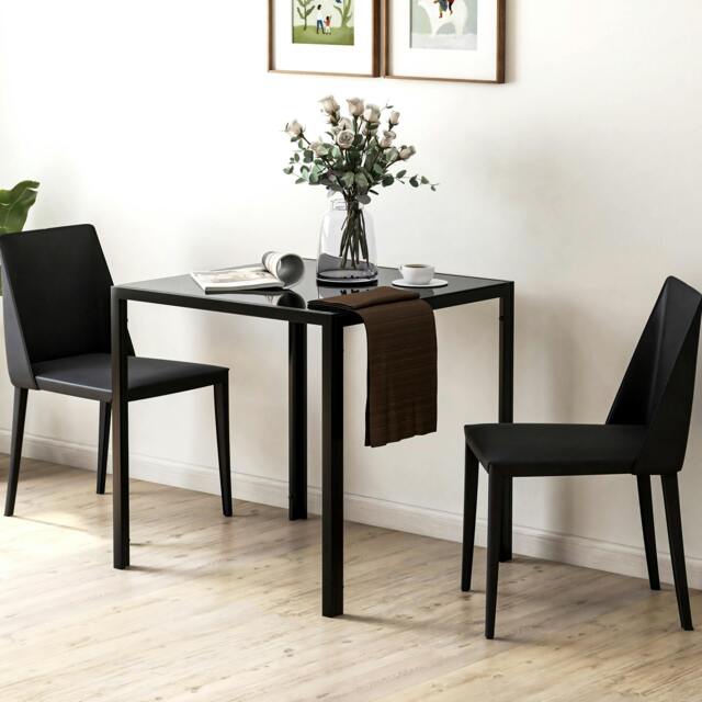 Rackhams Modern Square Dining Table with Tempered Glass Top Metal Legs - Black - 75 - Powder coated steel - image 1