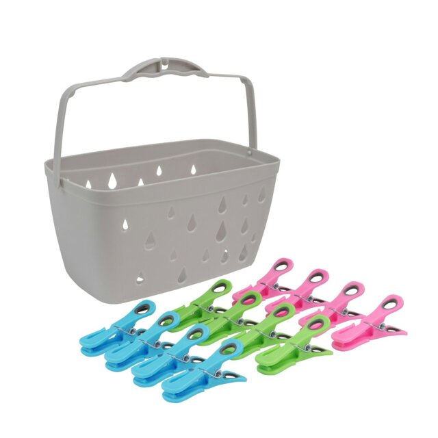 Rackhams Plastic Peg Basket, Grey with 48 Prism Clip Pegs with Hooks, Multi - image 1