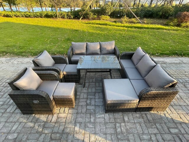 Rackhams 11-Seater Rattan Outdoor Sofa & Dining Set - Rectangular Table, 3-Seater Sofa, 3 Footstools - Dark Grey - image 1