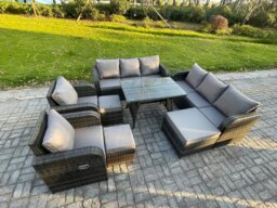 Rackhams 11-Seater Rattan Outdoor Sofa & Dining Set - Rectangular Table, 3-Seater Sofa, 3 Footstools - Dark Grey - thumbnail 2