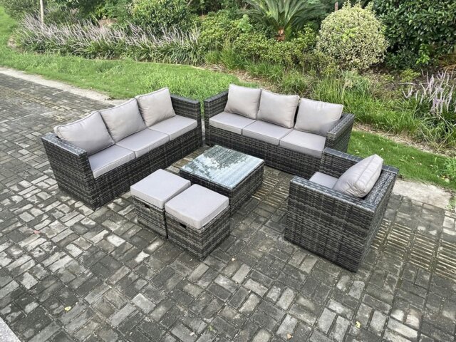 Rackhams 9-Seater Rattan Garden Sofa Set - Dark Grey Mixed Outdoor Lounge Set with Armchair, Square Coffee Table & 2 Small Footstools - image 1